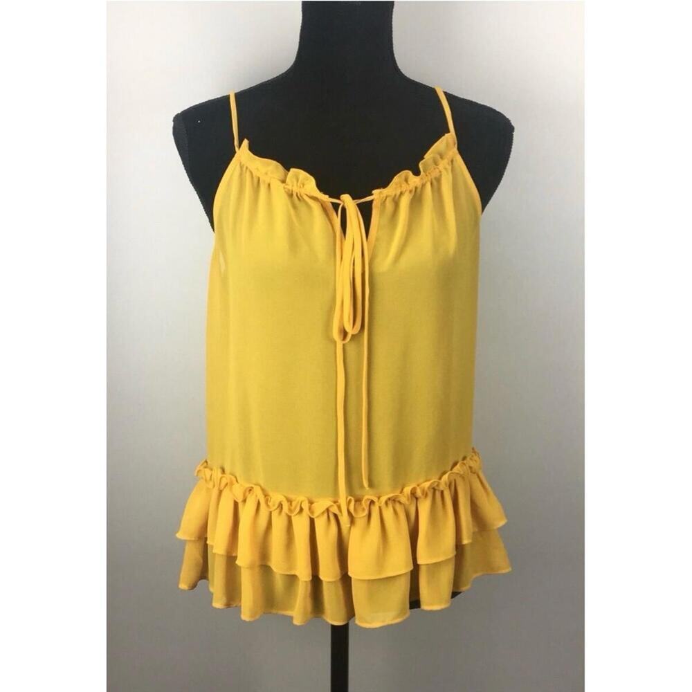 RO & DE Yellow Gold Spaghetti Strap‎ Ruffled Tiered Sheer Camisole Medium